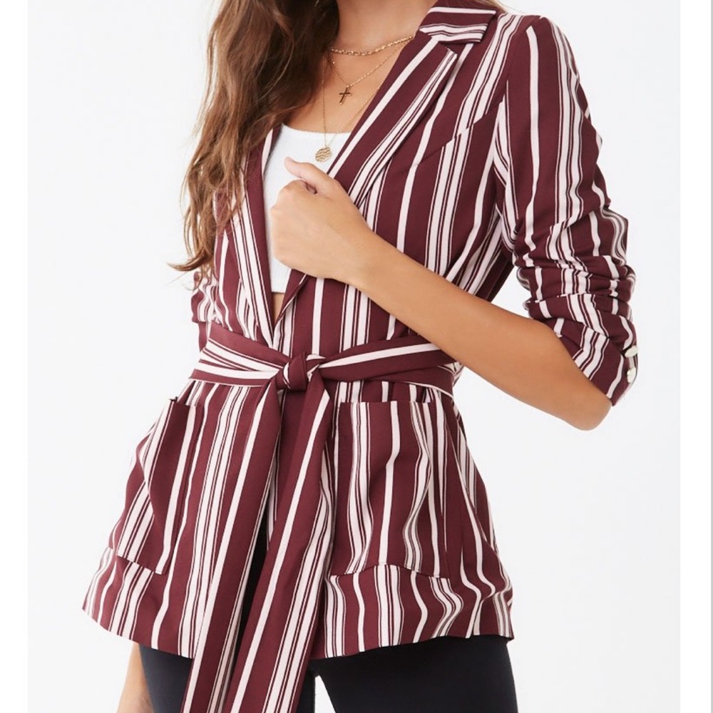 Vertical Striped Open-Front or Tied Blazer; Like New! EUC-Medium, Burgundy/White